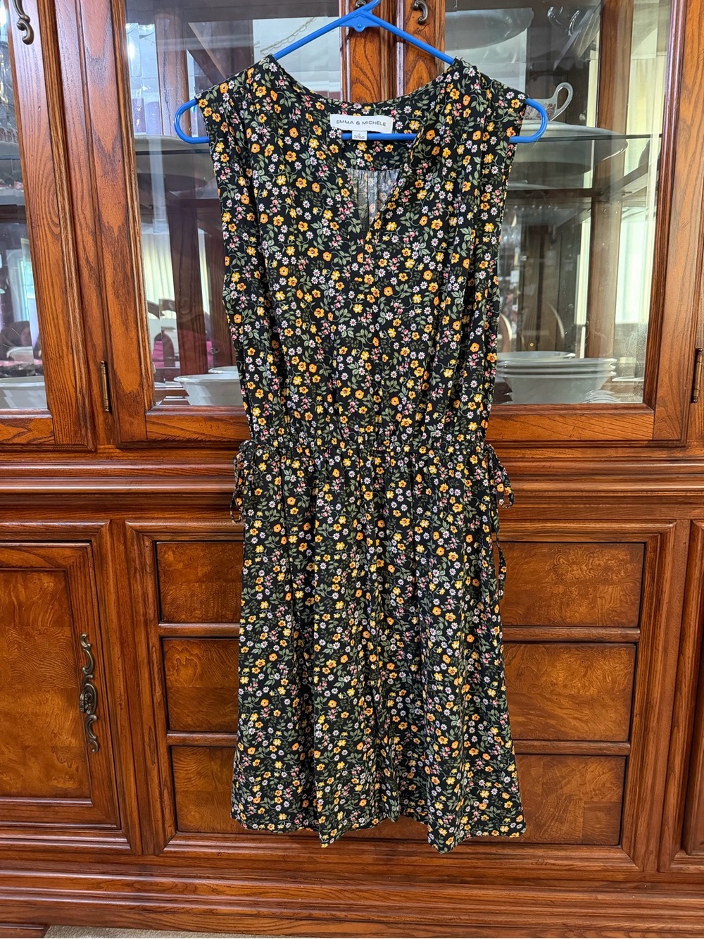 Emma & Michele Black Floral Midi Dress with Yellow & Pink Blossoms